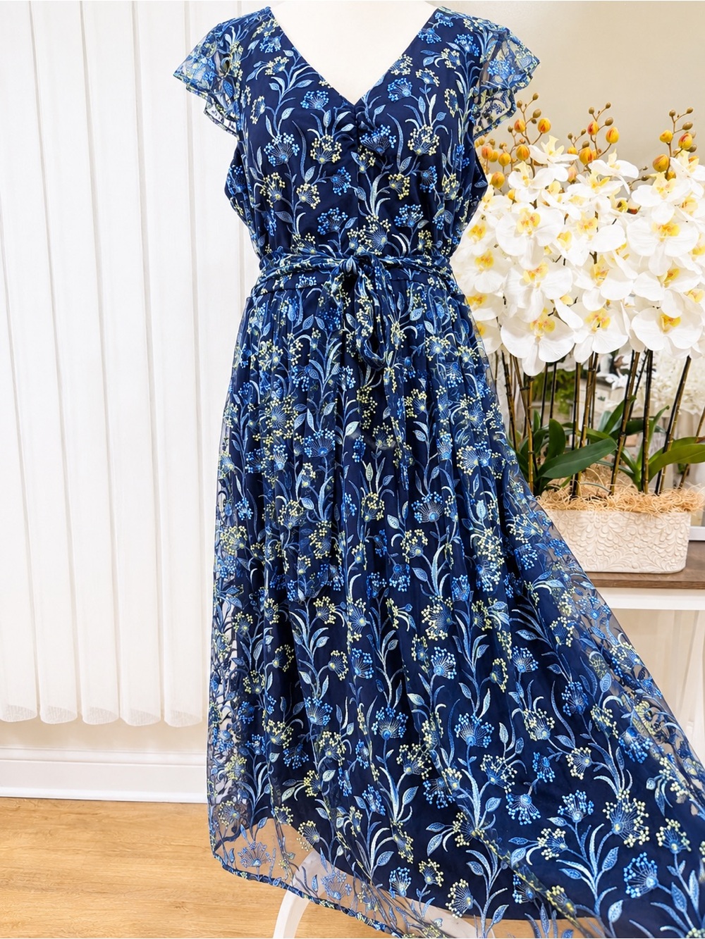 Dress Midi Kensie Flutter Sleeve Floral Embroidered Navy & Green Size 14 New